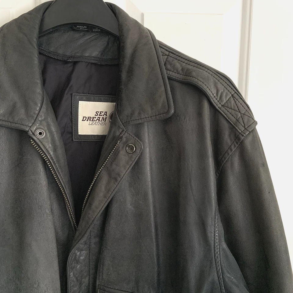 Chaqueta Bombardero Aviador De Cuero Gris Vintage SEA DREAM Hombre Talla 42 Hecha en Corea Foto 3 de 4
