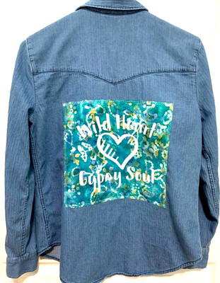 Lightweight Denim Shirt w/ Wild Heart Gypsy Soul batik applique patch Womens S