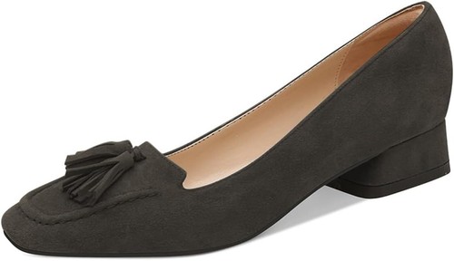 YDN Women's Chunky Block Low Heel Loafer Square Toe Tassel Fringe Pump Slip On