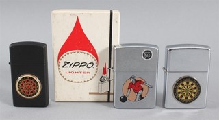3 Vintage ZIPPO Darts Bowling Sports Advertising Lighters w/ Original Boxes NR