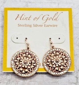 Authentic 14K Rose Gold Plated Round Disc 925 Sterling Silver CZ Zirconia Earrings