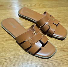 LOOKYNO Women's Brown Slide Sandals Slip-On Flat Lightweight Logo, US 7