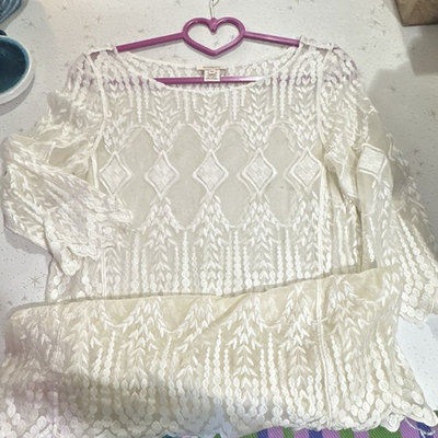 #ad Sundance White Lace Embroidered Pullover Blouse Round Neck 3 4 Sleeve XS $44.44
