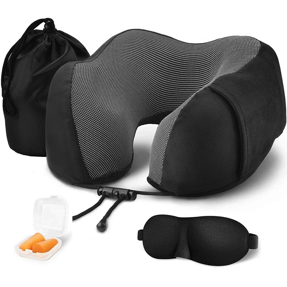 Travel Neck Pillow Set with Mask, Earplugs & Storage Bag - Black