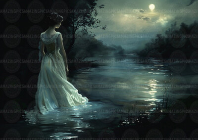 Mondschein Fluss Kunstdruck Romantik Frau Fantasy Gothic Nachtszene See M59