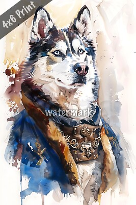 #ad Dog Siberian Husky in medieval costume watercolor Art 4x6 Print $8.40