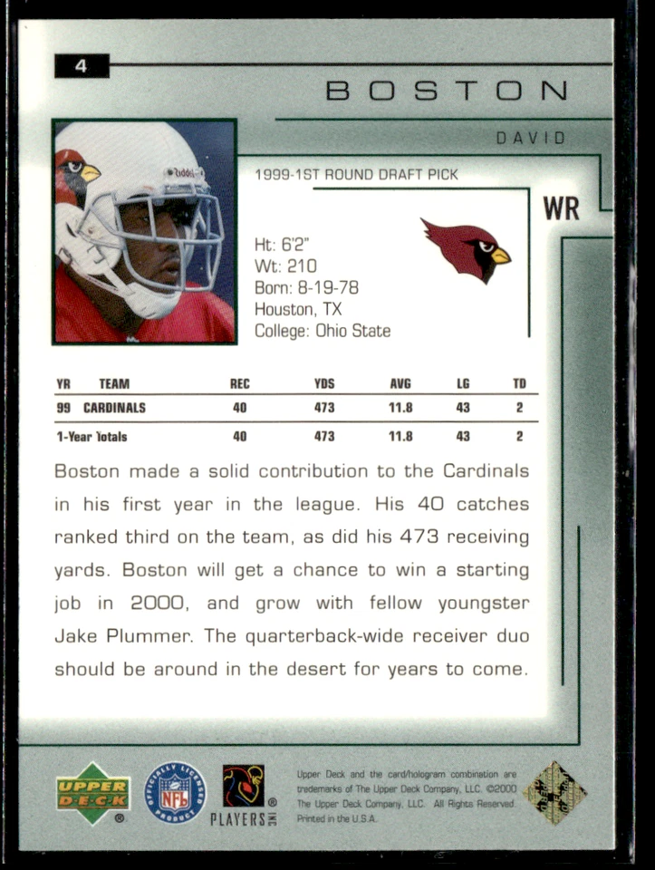 2000 Upper Deck Encore - David Boston #4 - Image 2 of 2