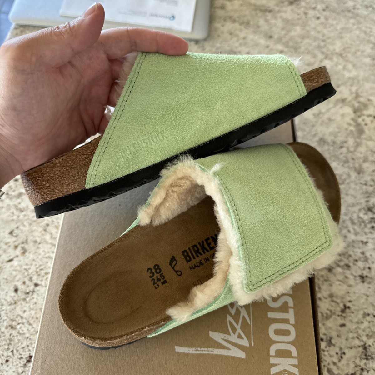 Stussy × BIRKENSTOCK Solana Washed Green Stüssy & Birkenstock Solana Shearling Slide – Washed Green