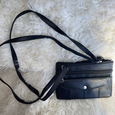 small soft leather cross body bag black TSF black lots pockets zips