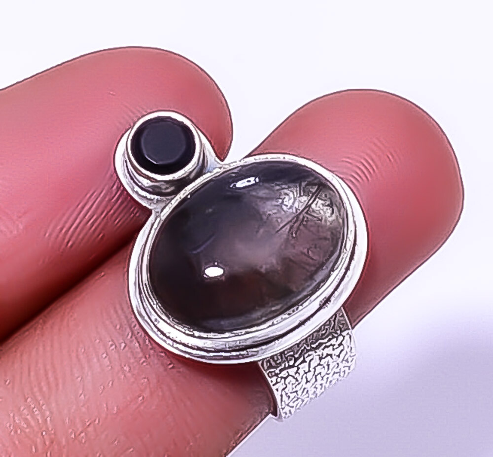 Black Rutilated Quartz Srilanka Onyx 925 Adjustable Sterling Silver Ring 60 Size