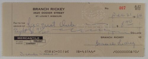 1964 Branch Rickey Signed Autographed Personal Check Jackie Robinson Dodgers