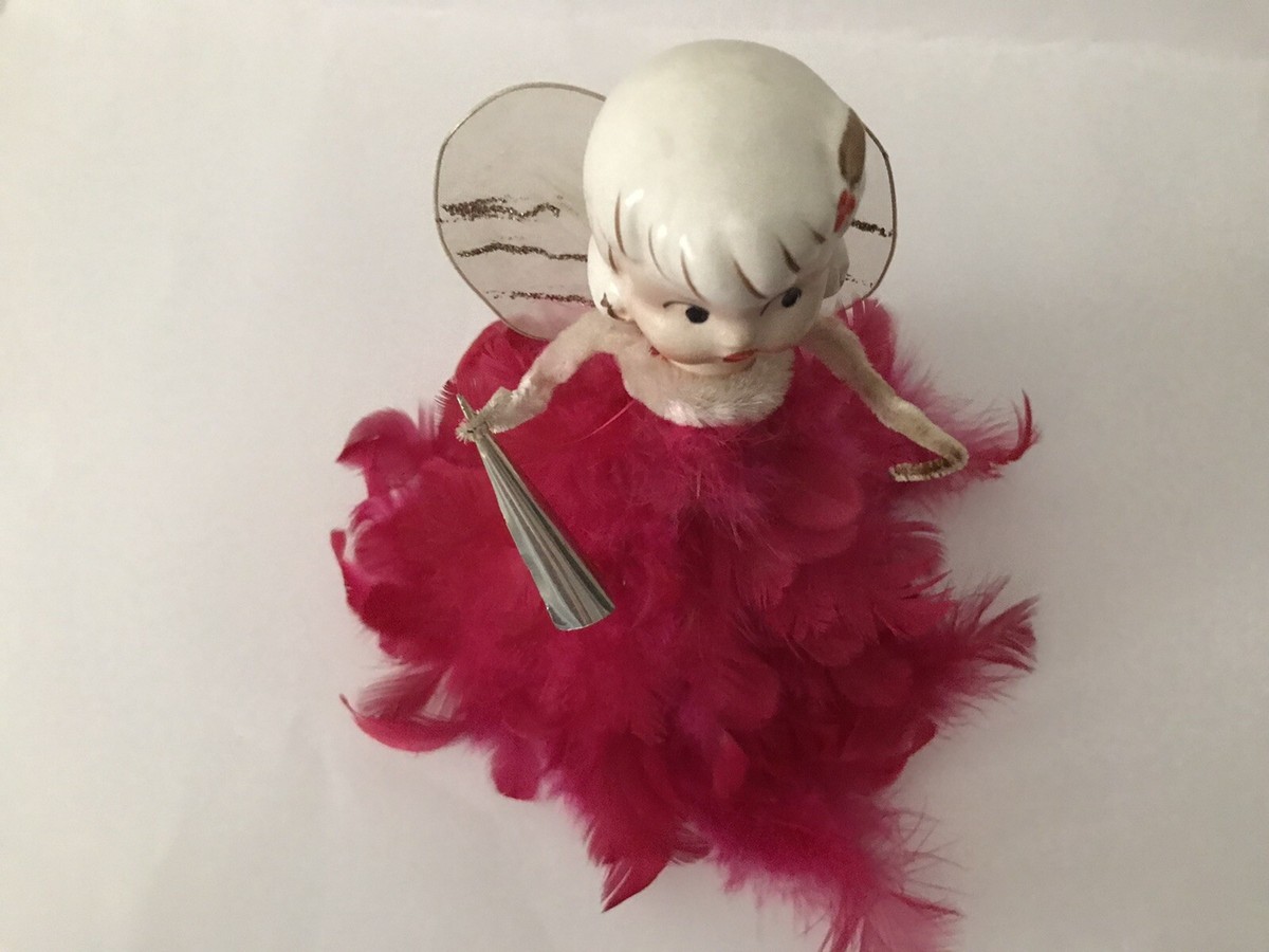 Vtg Christmas Red Feather Angel From 1950's Porcelain Head Horn