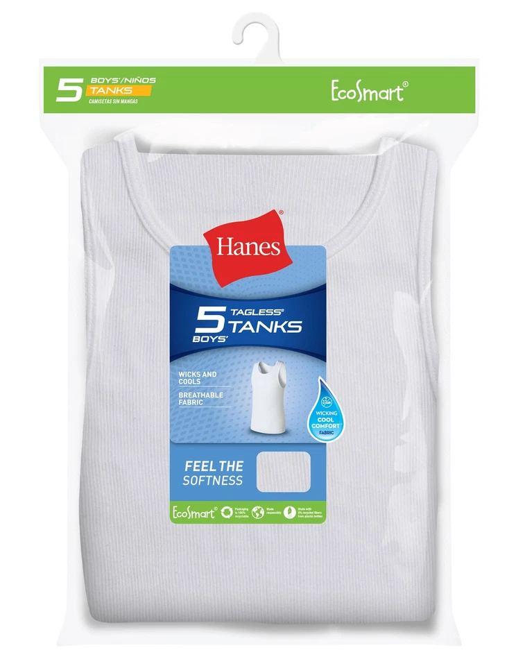 Paquete de 5 camisetas interiores Hanes Boy sin mangas EcoSmart transpirables ligeras XS-XL
