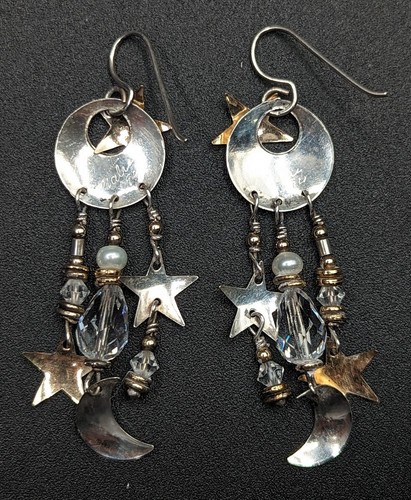 Signed TABRA Silver Gold Two Tone Moon Star Bead Dangle Pierced Earrings - Picture 3 of 15