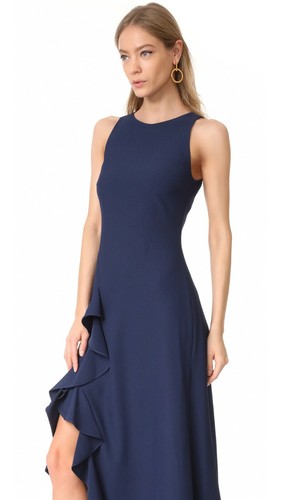 ZAC POSEN Navy Ruffle Trim High Low Side Slit Stretch Crepe Maxi Dress Gown 10 - Picture 9 of 12