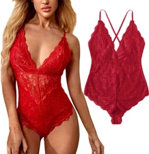 Women Snap Crotch Lingerie Stretch Lace Bodysuit Eyelash Naugthy Teddy Honeymoon