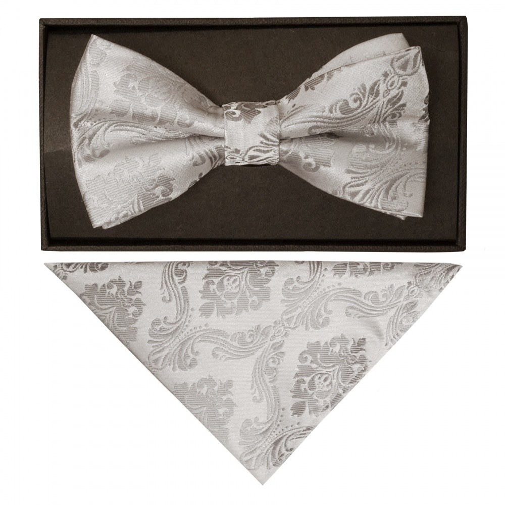 Silver Paisley Mens Bow Tie and Pocket Square Set Dickie Bow Handkerchief