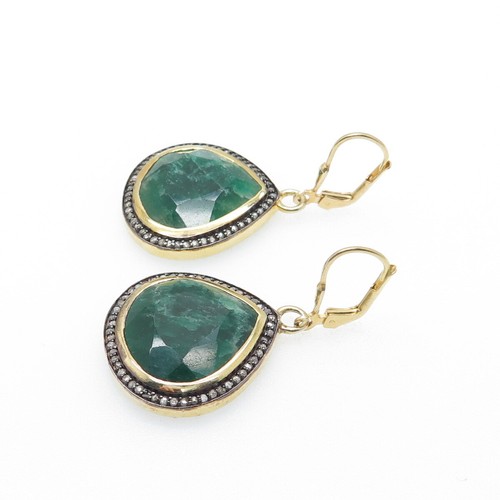 925 Sterling Silver Gold Plated Real Diamond & Emerald Teardrop Dangle Earrings - Picture 5 of 7