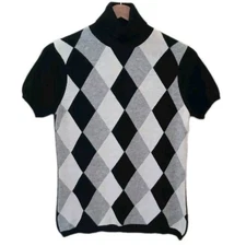 Madison Studio Womens Size M 100% Cashmere Turtleneck Sweater Black Gray Argyle