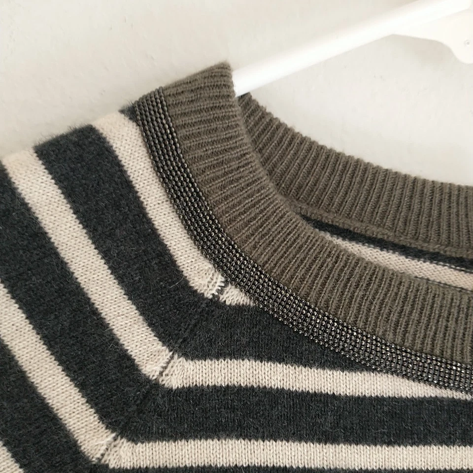 Brunello Cucinelli 毛衣女式 S 绿色灰色条纹羊绒串珠意大利 — 第 3/4 张图片