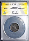 1864 1C INDIAN HEAD BRONZE CENT w/L on Ribbon KM# 90a ANACS EF 45 Details  A7808