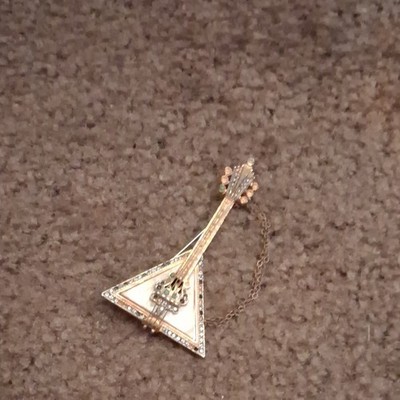 Gold Tone Triangle Balalaika Brooch Pin w/ Chain Dangle Clear Rhinestones 3 in