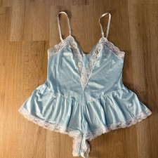 Vintage Delicates Teddy Romper Blue Lace Trim Lingerie Medium Made in USA Bridal