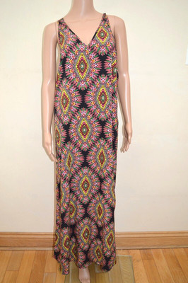 Neu M&S Maxikleid Federmuster schwarz pink gelb grün Gr. UK 10