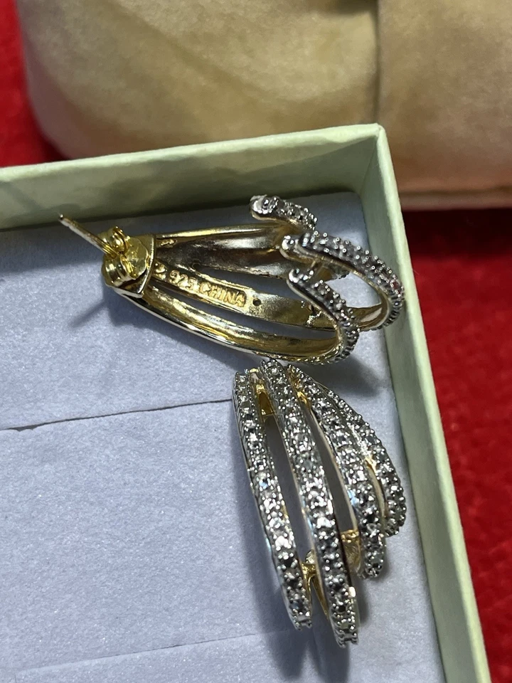 Vintage Sterling Silver .925 Ross Simons Diamond Pave Gold 4 Ribbed J-Earrings - Image 3 of 4