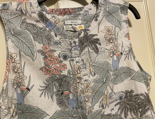 C&C California Size Large Tropical Surf Print Linen Button Front Top Sleeveless - Picture 3 of 11