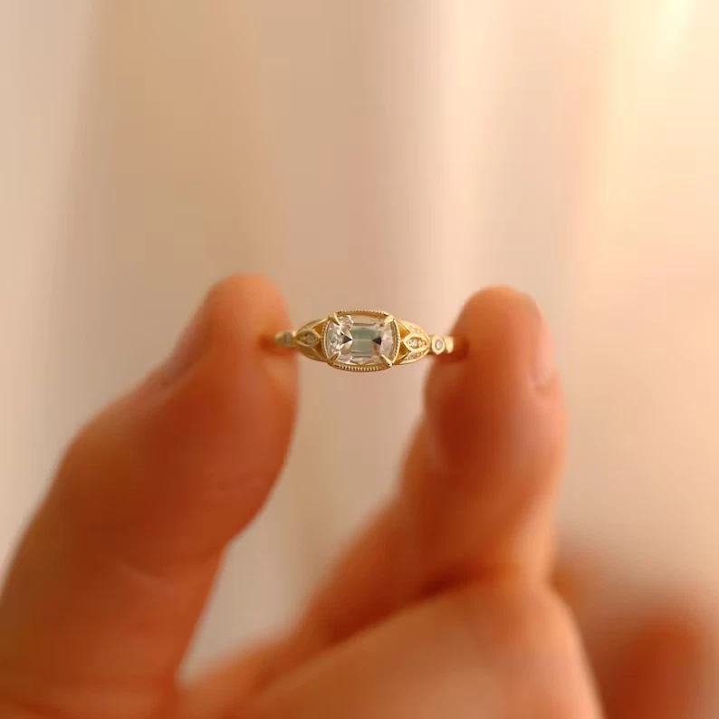 Tulip Vintage 1.20 TCW Cushion Cut Moissanite Wedding Ring 14k Yellow Gol Plated - Image 3 of 4