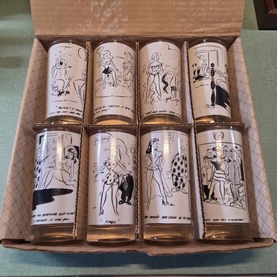 1940's 1950's Trophy House Set of 8 Risque Joke 8OZ Highball / Drinking Glasses