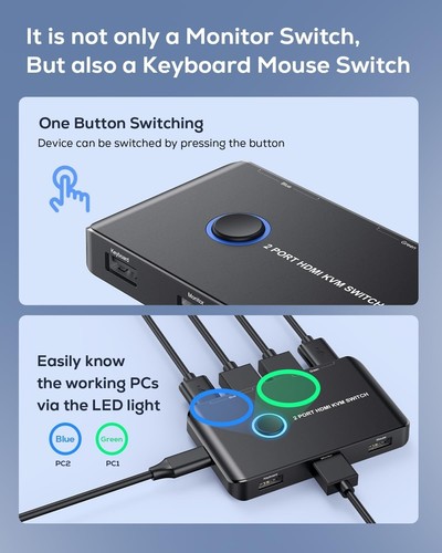 4K KVM Switch HDMI 2 Port Box with 2 USB and 2 HDMI Cable for 2 Computers Share - Afbeelding 7 van 8