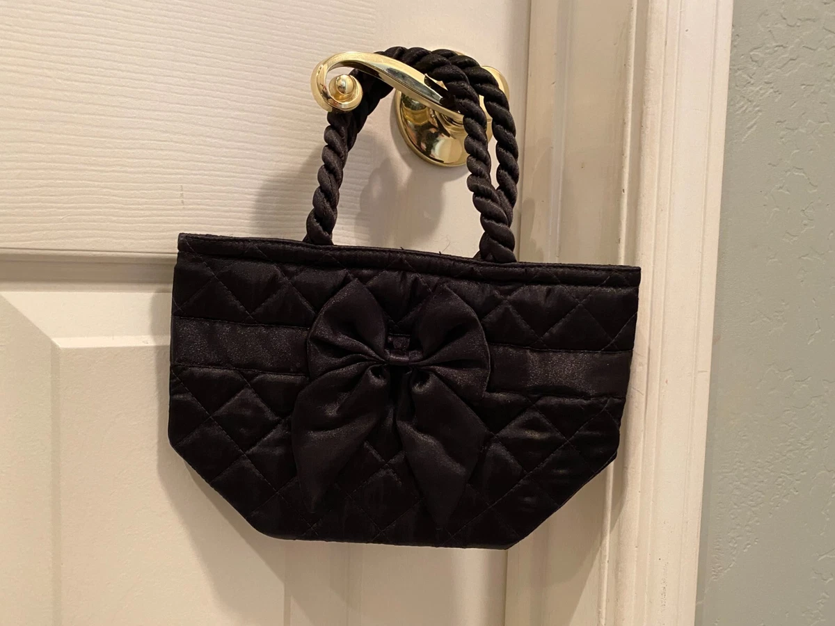 NaRaYa Small Black Quilted Satin Bag Purse Braided Handles Bow FREE SHIPPING