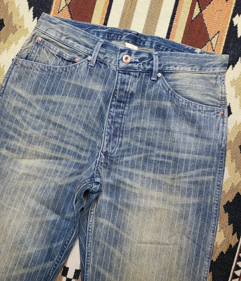 Denim desgastado duplo RL RRL Ralph Lauren listrado índigo ferrovia Wabash J G2U - Imagem 2 de 4