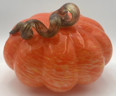 Orange Swirl Art Glass Ribbed Pumpkin Curly Brown Stem Fall Decor Halloween Lg