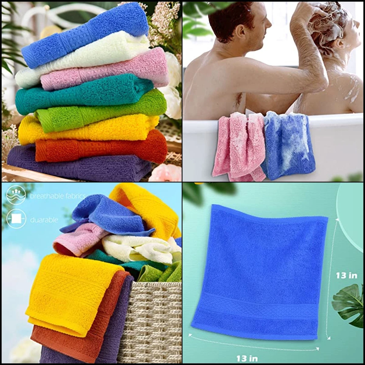 Cleanbear Washcloths Face Cloths, All Cotton, 13 x 13 Inches, 6 Colors