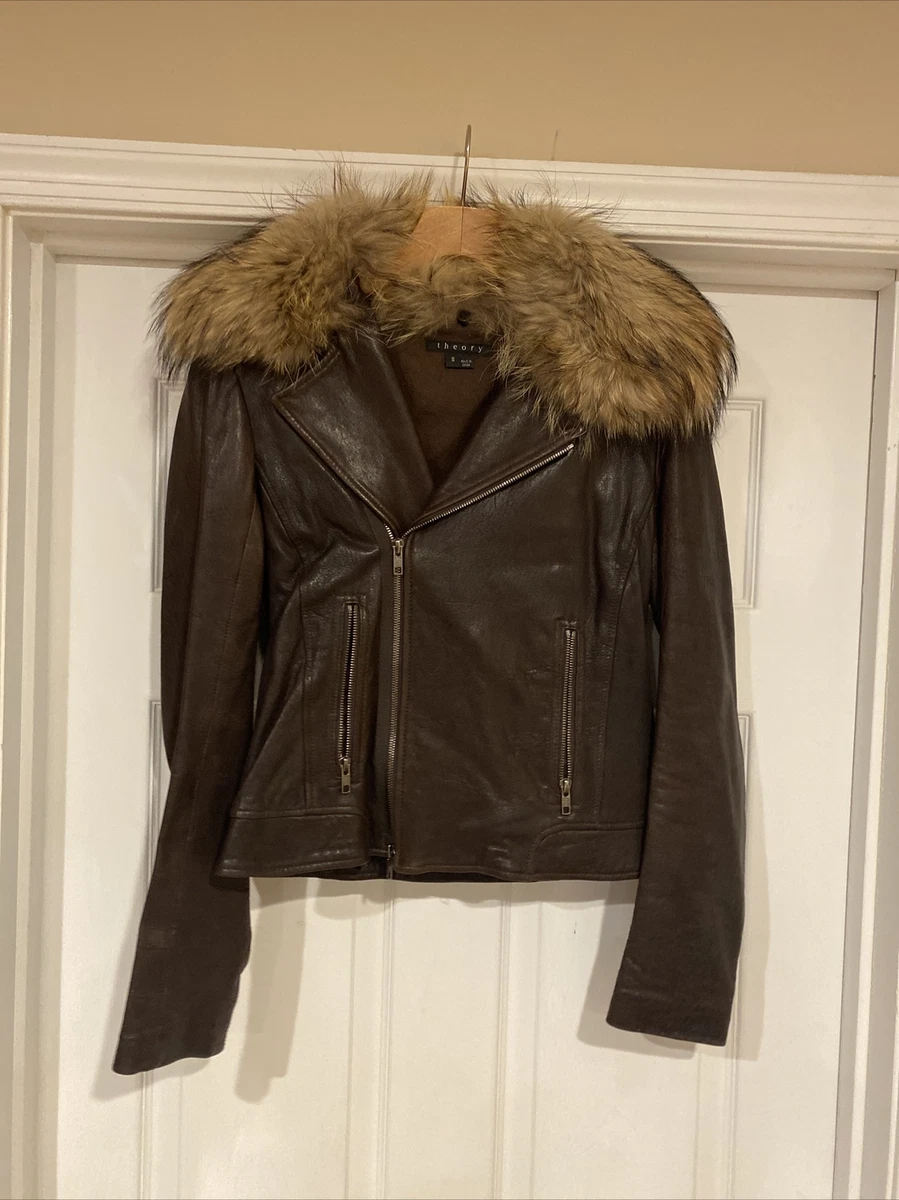 Theory Lamb Leather Motorcycle Jacket Brown Size Biker Jacket Fur Collar