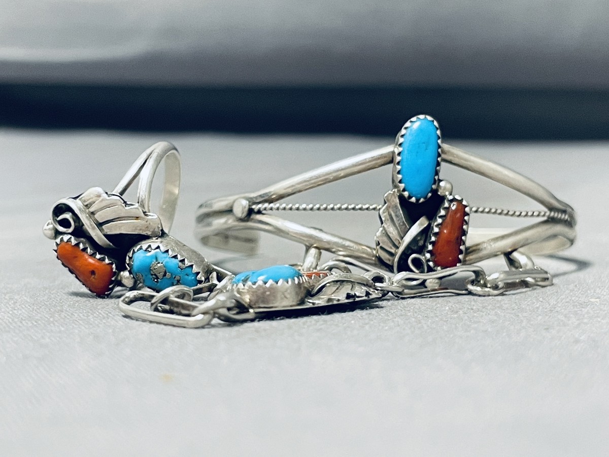 Impressive Vintage Native American Navajo Morenci Turquoise Coral Sterling Silver Slave Bracelet Impressive Vintage Native American Navajo Morenci Turquoise Coral Sterling Silver Slave Bracelet