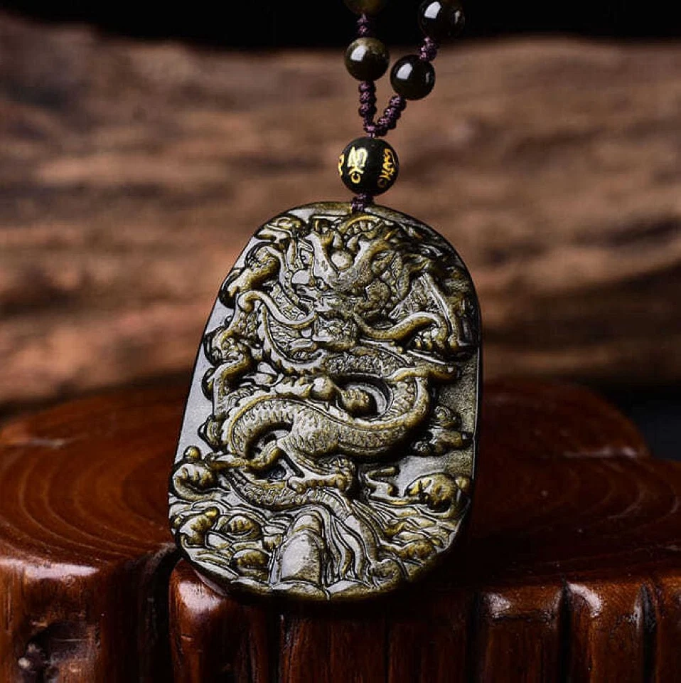 Collar dragón obsidiana oro piedras preciosas naturales colgante amuleto con cadena de cuentas Foto 3 de 4