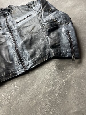 ジャケット・アウター archive faded single leather jacket Vintage Archive Avant Garde Black / White Leather Zip Faded Cross