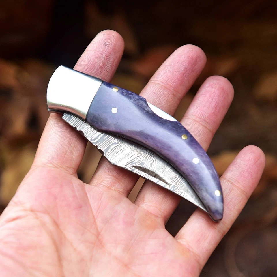 Navaja de Bolsillo Hecha a Mano de Acero Damasco Hoja Plegable Original Mango de Hueso de Camello Foto 2 de 4