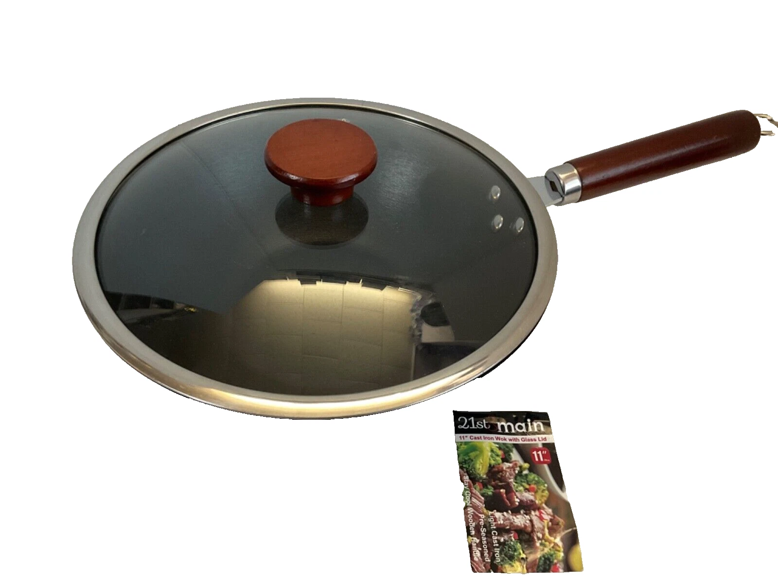 21st & Main Wok Stir Fry Pan Wooden Handle 11" Cast Iron non-stick w/ Lid NEW!