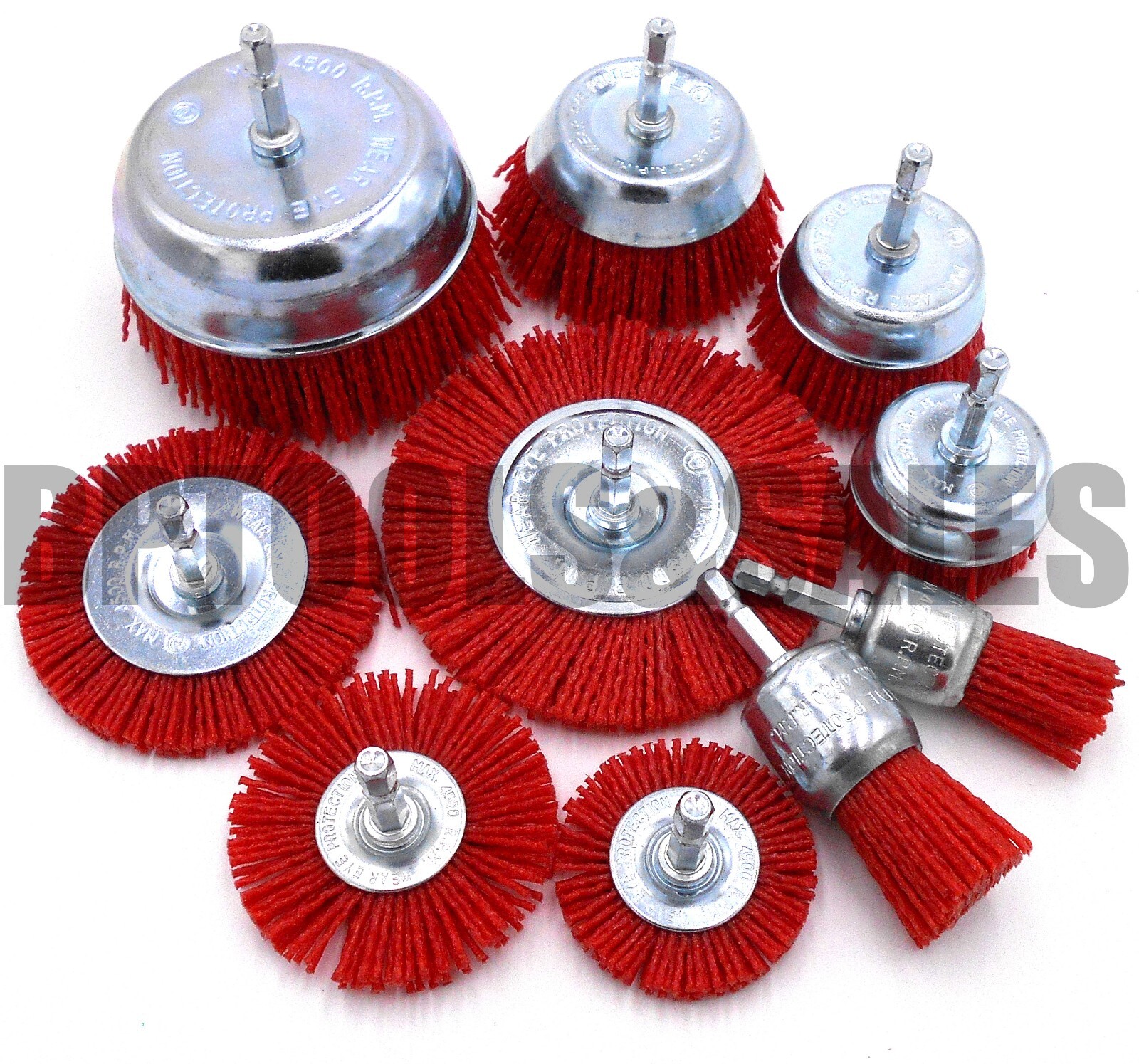 10pc Drill Wheel & Cup Brush Set 1/4" Hex Shank Quick Change Nylon