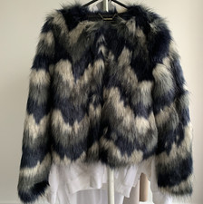 Lipsy Faux Fur Jacket Navy Grey Size 6 Suitable For Petite