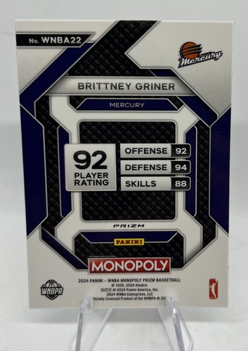 2024 Prizm Monopoly WNBA Brittney Griner SILVER Prizm Insert SP #WNBA22! - Picture 2 of 2