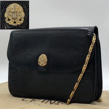 CELINE Lizard Triomphe Chain Shoulder Bag Clutch 2Way Black 21x15cm Authentic