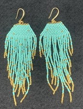 Handmade Turquoise Blue Gold Seed Bead Fringe Dangle Earrings Long Boho
