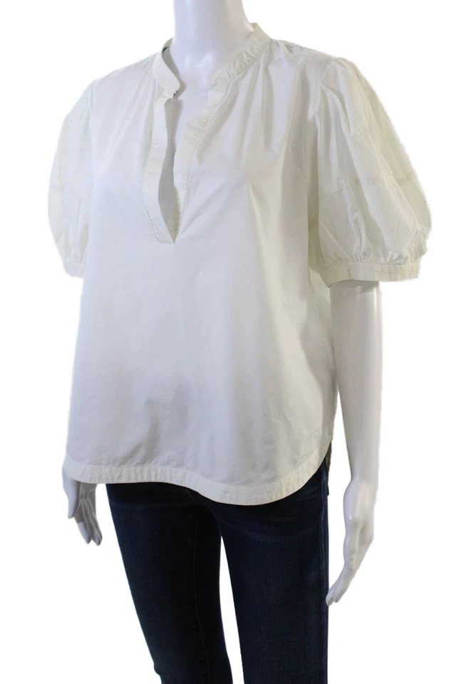 Blusa blanca Joie de algodón con cuello en V manga corta abullonada para mujer talla L Foto 2 de 4