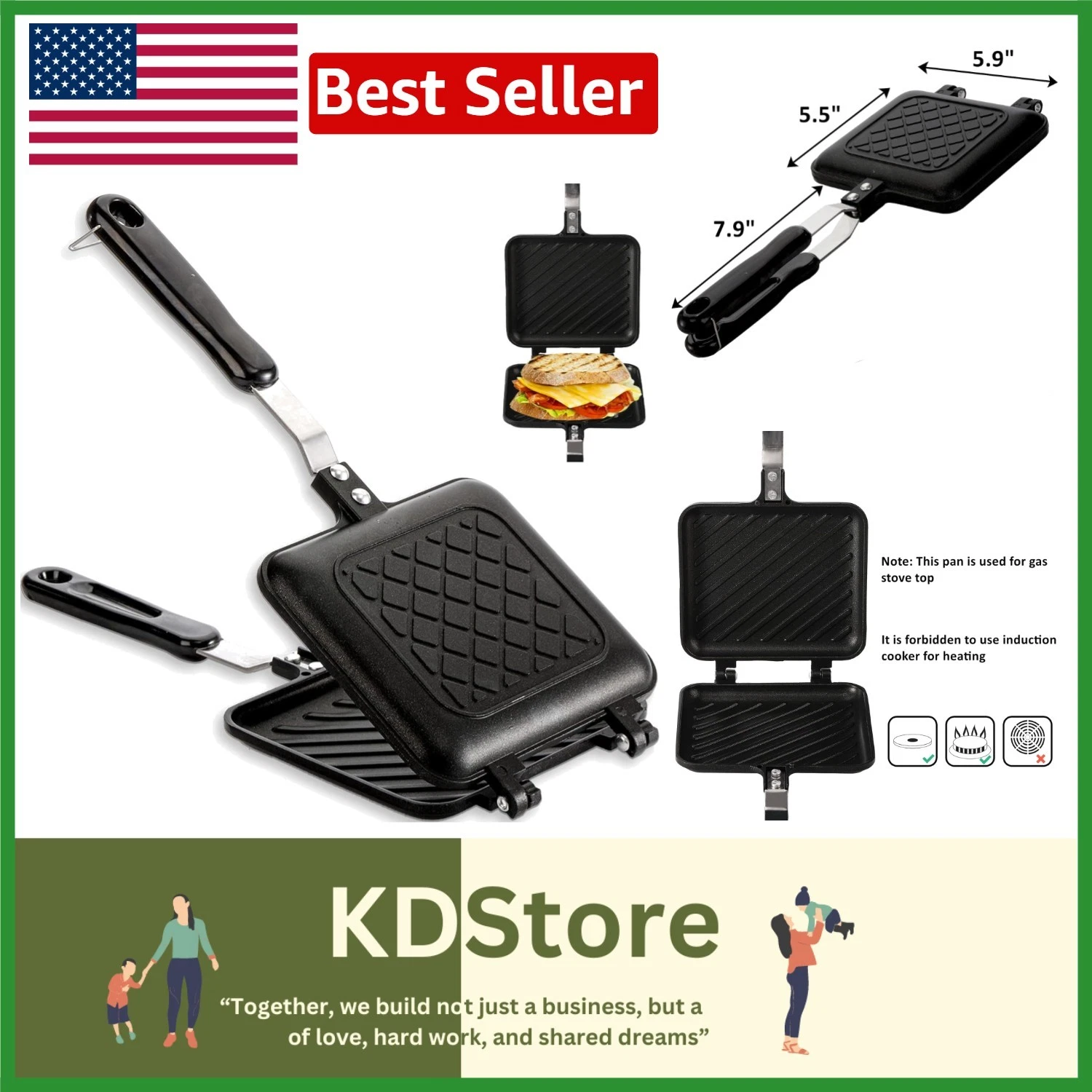 Stovetop Non-Stick Sandwich & Panini Maker Aluminum Flip Pan for Home & Camping